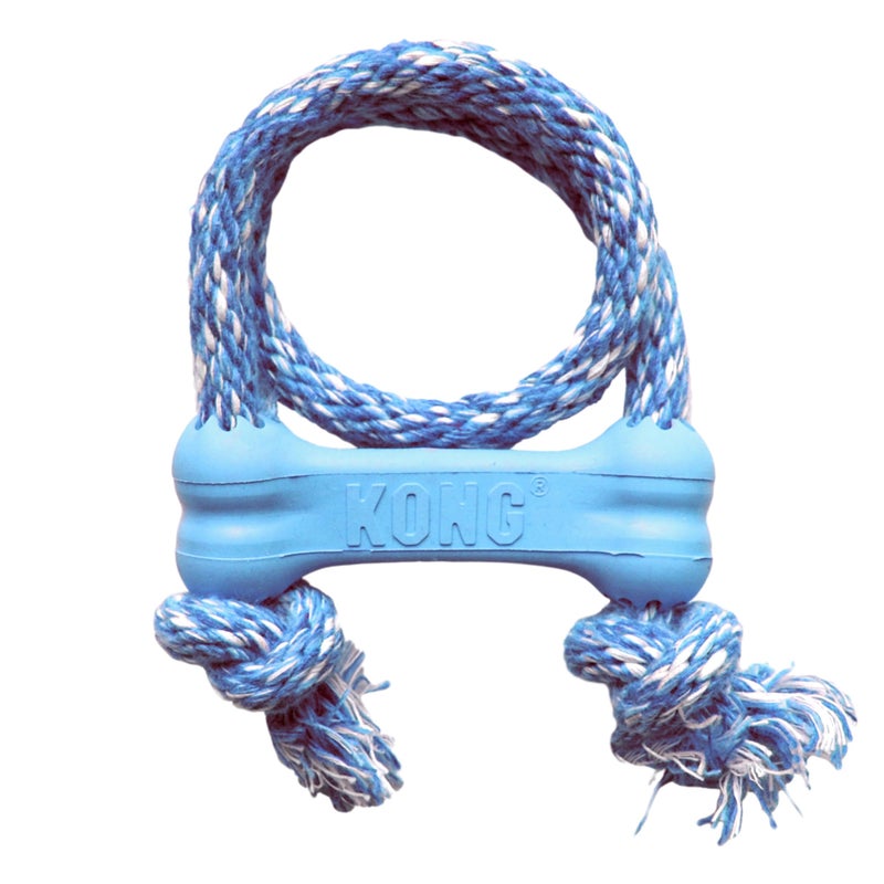 KONG Puppy Goodie Bone with Rope - Natural Rubber Bone with Cotton Rope - Teeth Cleaning Chew Toy for Growing Puppies - for XS Puppies - Blue - Image 1