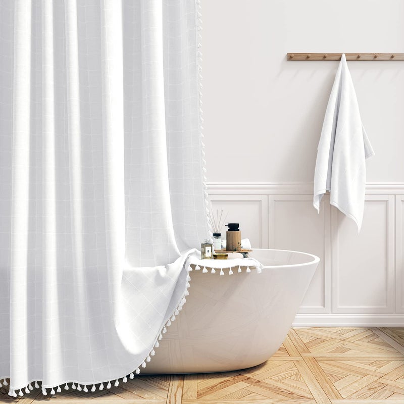 BTTN BTTN Boho Farmhouse Shower Curtain  Linen Rustic Heavy Duty Fabric Shower Curtain Set with Tassel  Bohemian Country Ultra Thick Shower Curtain for Bathroom  Wrinkle Free  Water Repellent  White  72x72