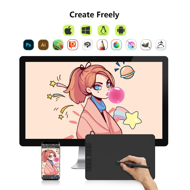 VEIKK VK640 Graphic Tablet 6 x4 inch Drawing Tablet Pen Tablet with Battery-Free Stylus for Android, Windows and Mac OS,Support Tilt Function(8192 Level Pressure) - Image 5