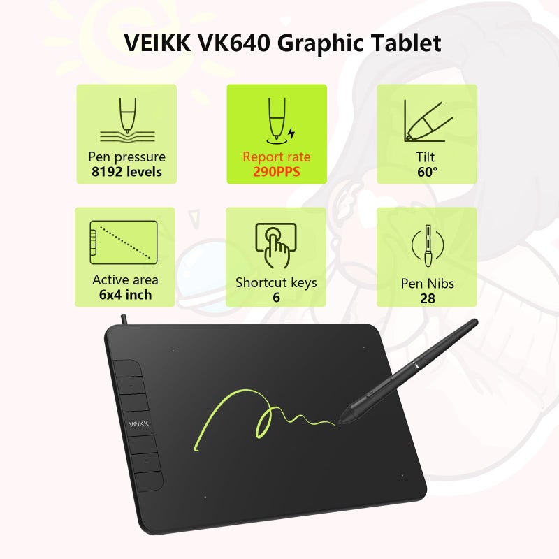 VEIKK VK640 Graphic Tablet 6 x4 inch Drawing Tablet Pen Tablet with Battery-Free Stylus for Android, Windows and Mac OS,Support Tilt Function(8192 Level Pressure) - Image 3