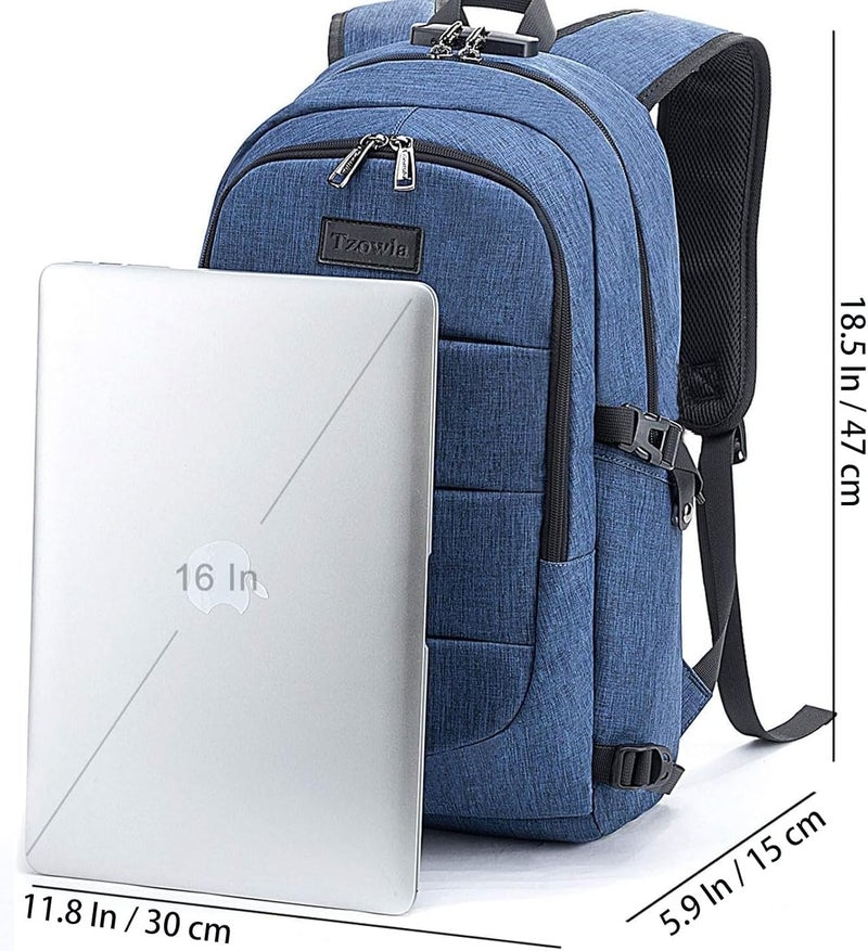 Tzowla Business Laptop Backpack Anti-Theft College Backpack with USB Charging Port and Lock 17.3 Inch Computer Backpacks for Women Men, Casual Hiking Travel Daypack (Blue) - Image 4