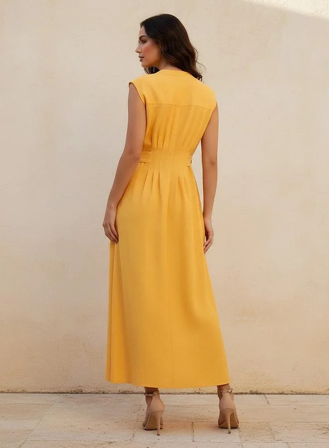 Iconic mustard yellow Iconic A-line Midi Dress with Button Flaps for Women | Best Price UAE