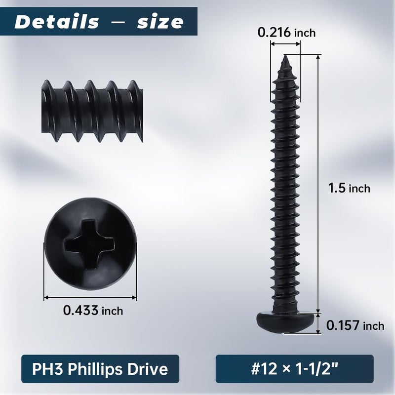 Glvaner #12 x 1-1/2 inch Phillips Pan Head Self Tapping Screws for Wood, Black Coated, 304 Stainless Steel 18-8, Round Head Sheet Metal Tek Screws, 40 pcs - Image 3