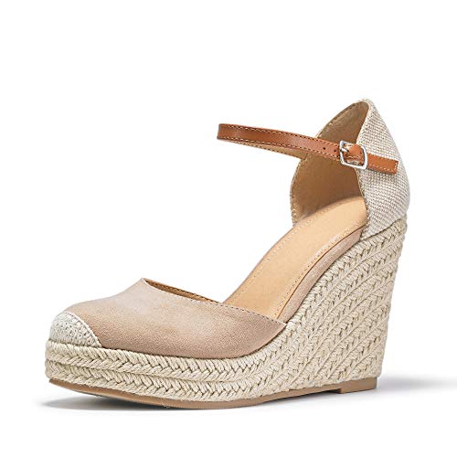 FISACE Womens Summer Espadrille Heel Platform Wedge Sandals Ankle Buckle Strap Closed Toe Shoes - Image 1