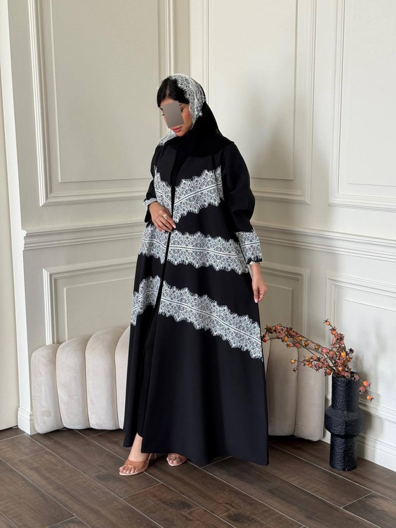 HY179 Women's Black Layered Lace Cardigan Robe - Elegant Casual & Party Wear, Long Sleeve, Flowy Open Front Coat