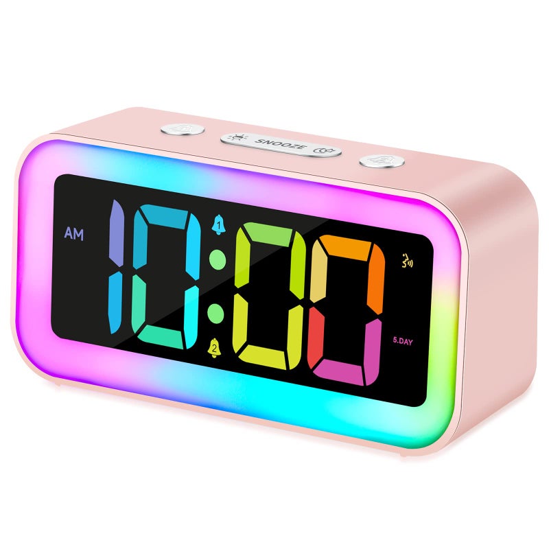 Cadmos Cute Pink Loud Alarm Clock with RGB Night Light Perfect for Girls Room Decor and Kawaii Gifts Small Size for Bedside or Desk Lamp in Bedrooms Ideal for Kids Teens Light Pink