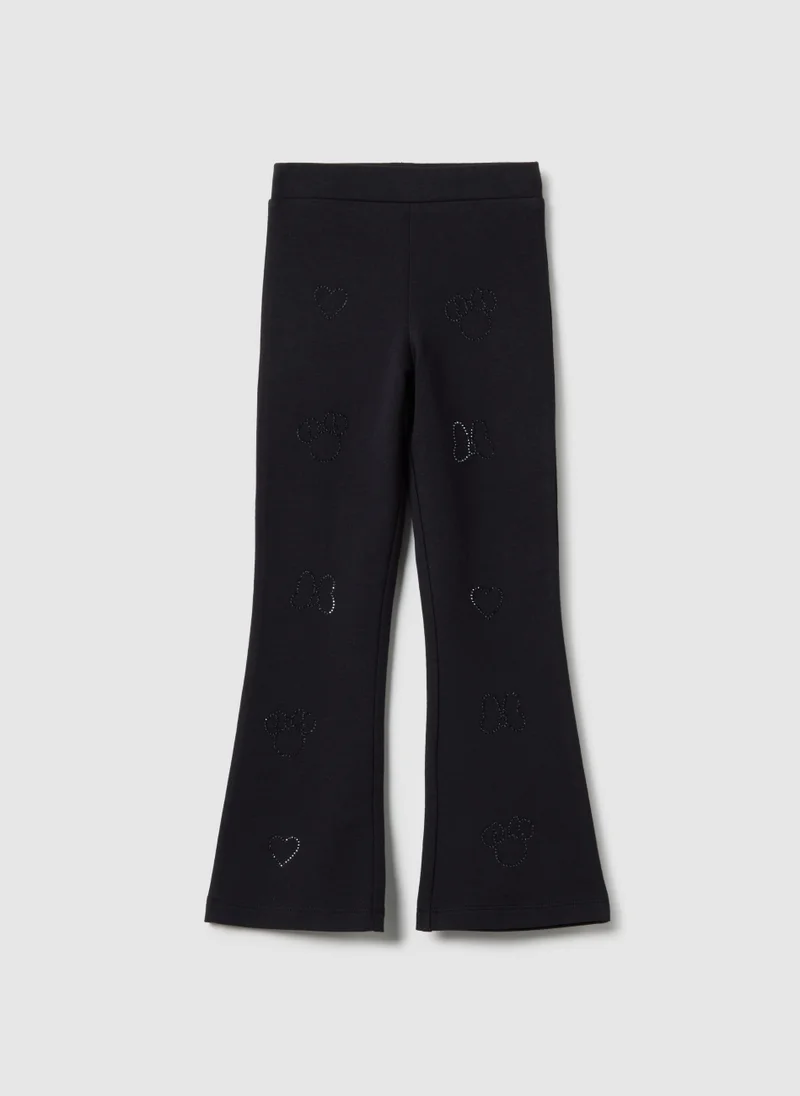 Ovs Ovs Girls' Black Cotton Stretch Flare Fit Treggings With Rhinestones