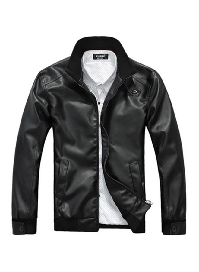 NIBEMINENT Solid Stand Collar Biker Jacket Black  - Image 1