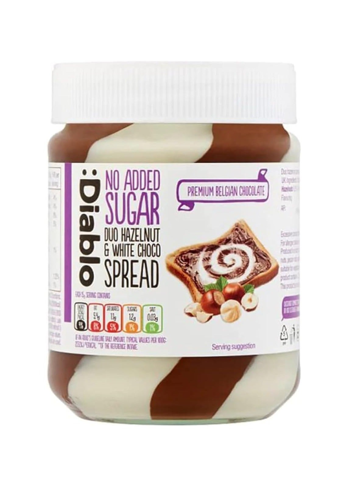 Diablo Hazelnut & White Choco Spread, No Added Sugar, With Sweetener, 350g