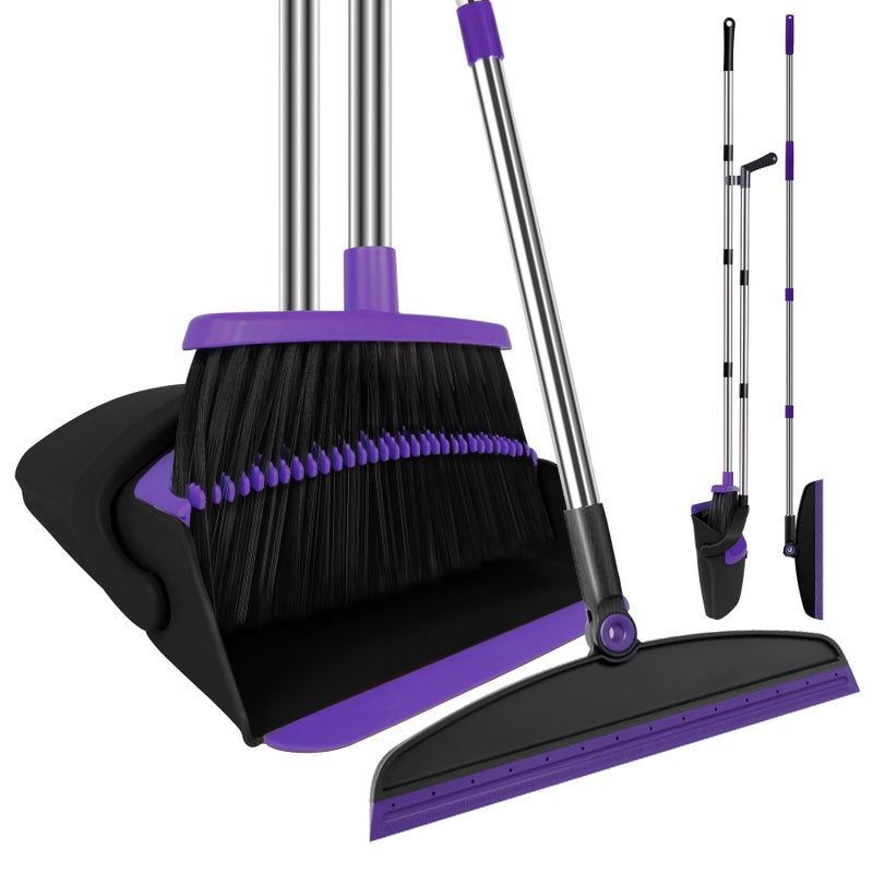 UDUK Broom with Dustpan Combo Set and Silicone Air Broom Kit 51 Long Handle Floor Squeegee Purple Household Kit for Glass Window Rugs Pet Hair Home - Image 3