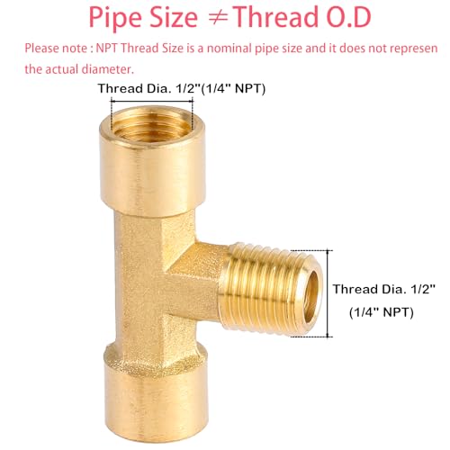 Sanpaint 2 Pack 1/4" NPT Brass Tee Pipe Fitting,T Shape Connectors,1/4" NPT Female x 1/4" NPT Female x 1/4" NPT Male Pipe Fitting - Image 3