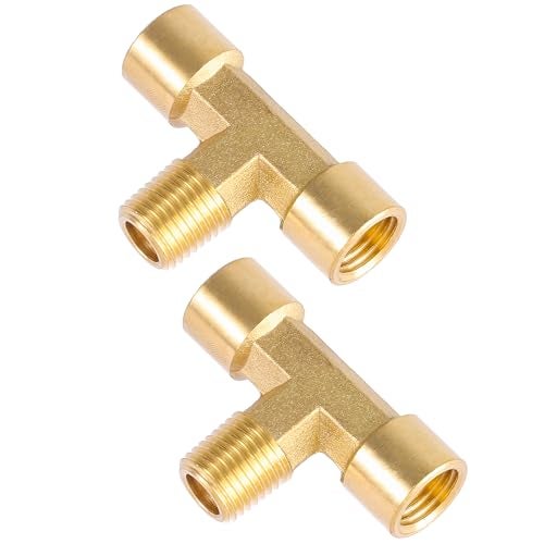 Sanpaint 2 Pack 1/4" NPT Brass Tee Pipe Fitting,T Shape Connectors,1/4" NPT Female x 1/4" NPT Female x 1/4" NPT Male Pipe Fitting - Image 1