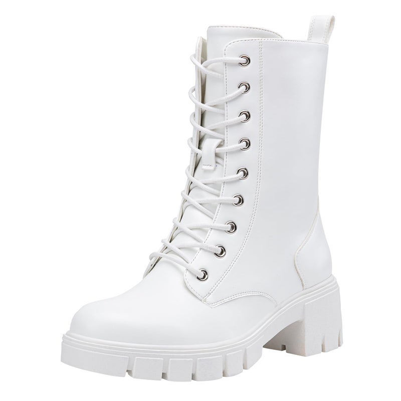 Vepose Women's All White Combat Boots Lace Mid Calf Chunky Platform 9650A Low Heel Boot with Side Zipper Size 8 (CJY9650A allwhite 08) - Image 1