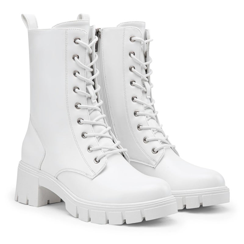 Vepose Women's All White Combat Boots Lace Mid Calf Chunky Platform 9650A Low Heel Boot with Side Zipper Size 8 (CJY9650A allwhite 08) - Image 4