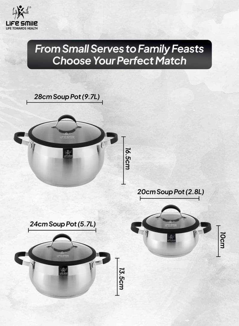 Life Smile 6-Piece Stainless Steel Cookware Set | 18/10 Premium Steel Pots with Silicone Handles | Includes 20cm, 24cm & 28cm Casseroles with Lids | 100% PFOA-Free Cooking Pot Set - Image 3