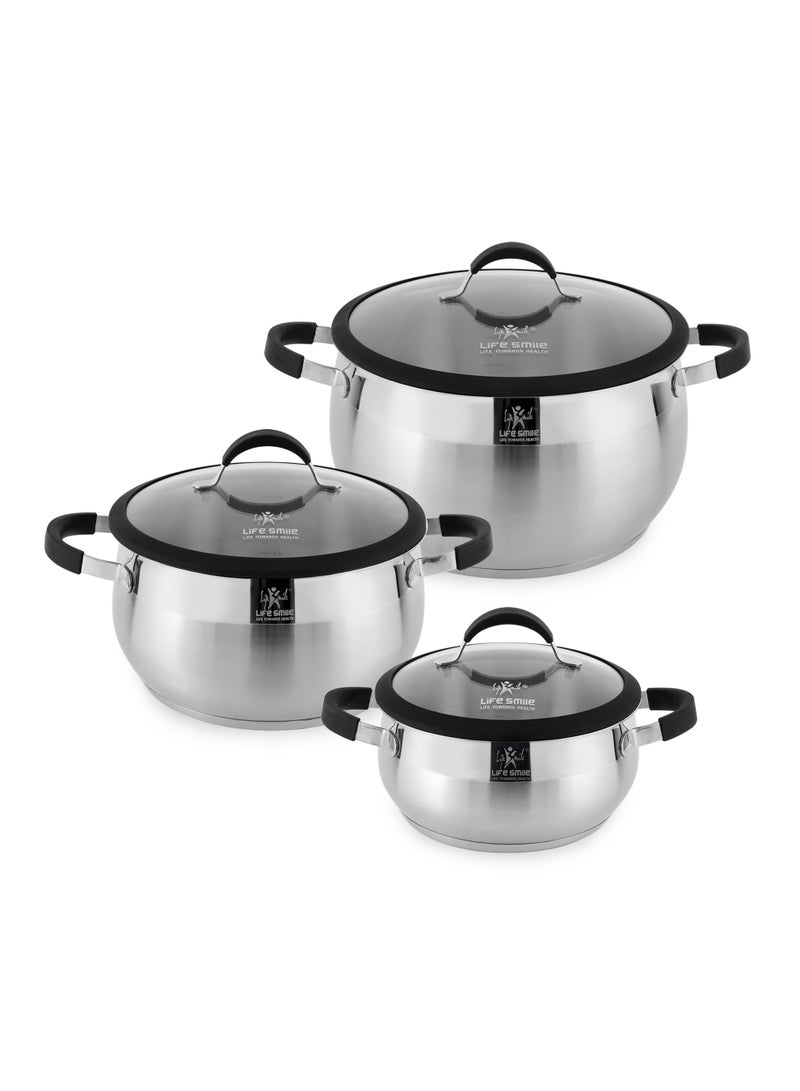 Life Smile 6-Piece Stainless Steel Cookware Set | 18/10 Premium Steel Pots with Silicone Handles | Includes 20cm, 24cm & 28cm Casseroles with Lids | 100% PFOA-Free Cooking Pot Set - Image 1