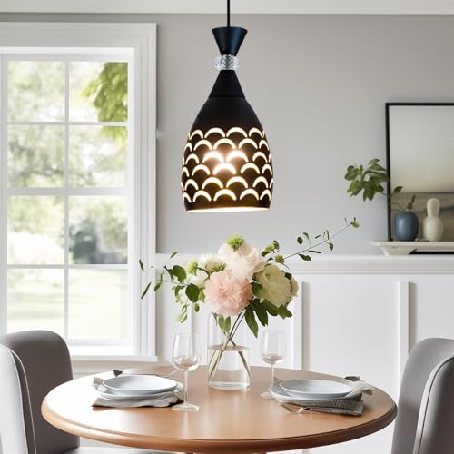 SINOMAN Metal Black Pendant Light Decorative Cutout Design with Crystal Accent Hanging Ceiling Lamp E27 Bulb Compatible for Dining Room, Bedroom, Kitchen, Balcony, Home Decor (Bulb Included) - Image 2