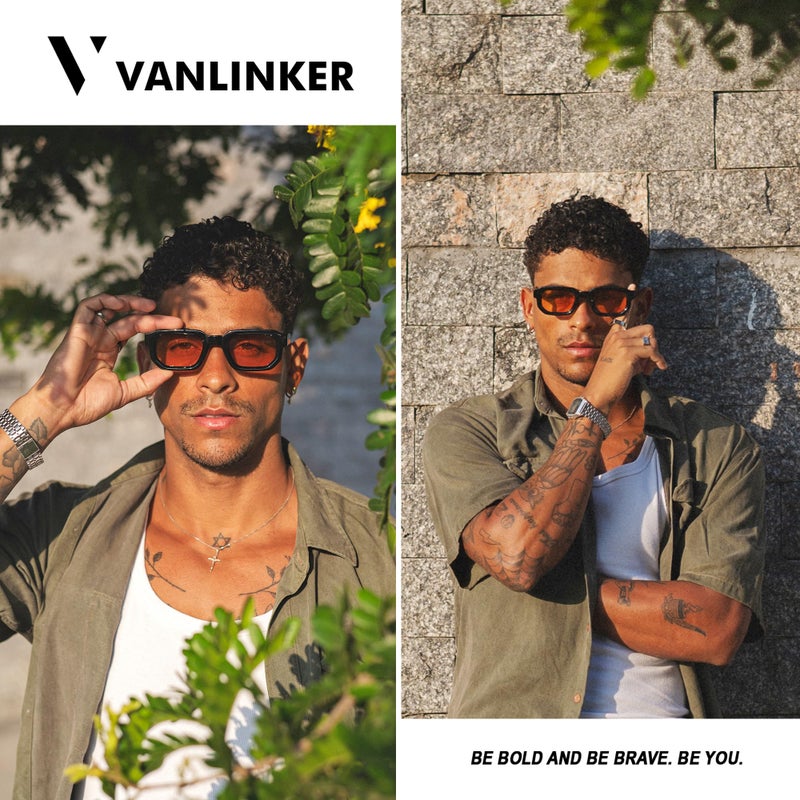 VANLINKER Retro Small Chunky Rectangle Sunglasses for Men Women Vintage Trendy Square Thick Sun Glasses VL9823,Black/Orange - Image 2