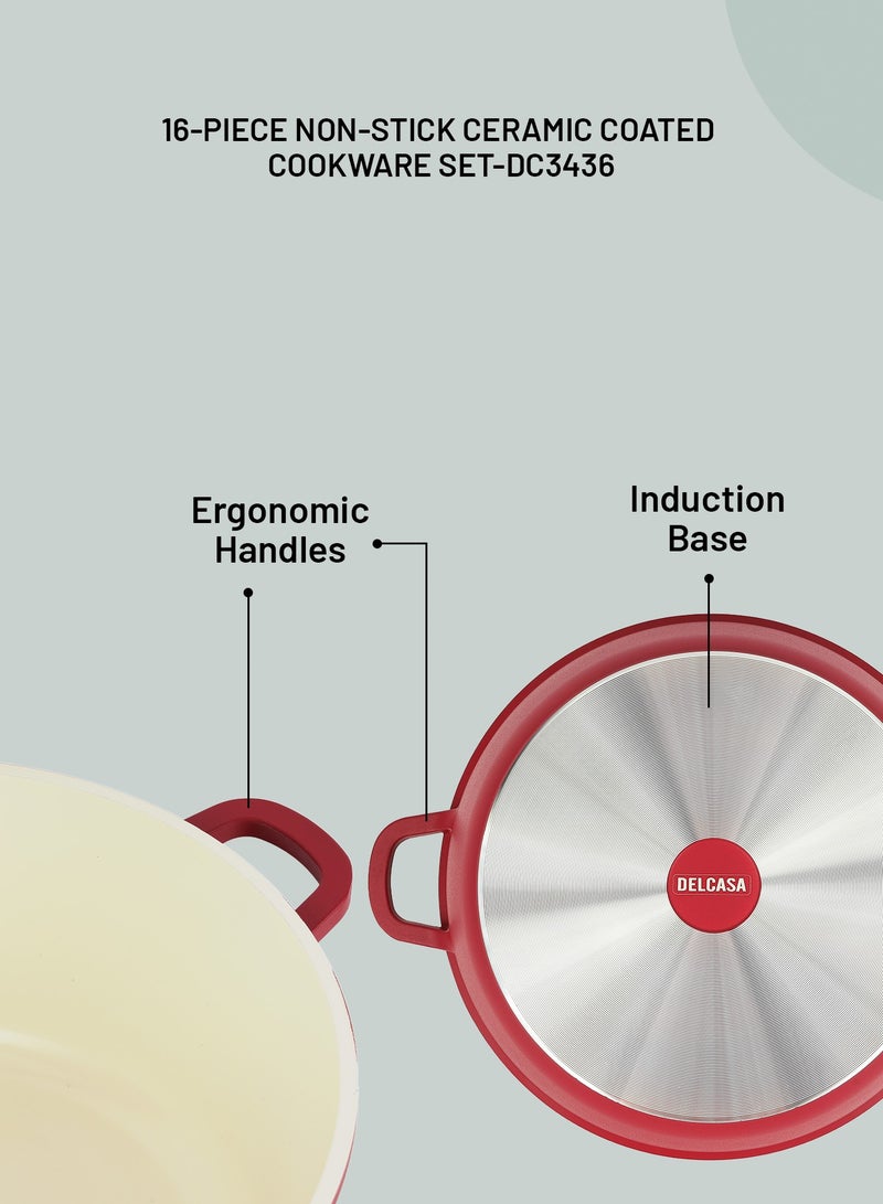 ديلكاسا طقم أواني طهي ديلكاسا 16 قطعة مطلية بالسيراميك غير لاصق DC3436 هيكل من الألومنيوم المصبوب مع طلاء 5 طبقات، قاعدة CD، مقابض باكليت وغطاء زجاجي - Image 2