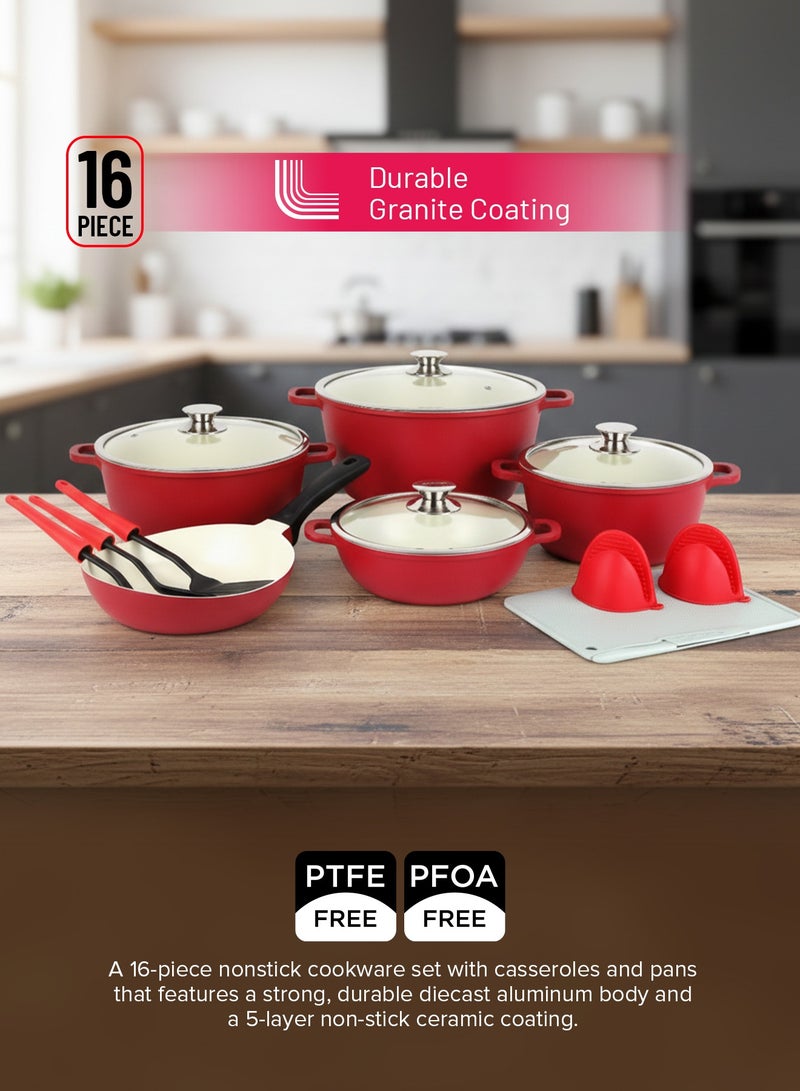 ديلكاسا طقم أواني طهي ديلكاسا 16 قطعة مطلية بالسيراميك غير لاصق DC3436 هيكل من الألومنيوم المصبوب مع طلاء 5 طبقات، قاعدة CD، مقابض باكليت وغطاء زجاجي - Image 3