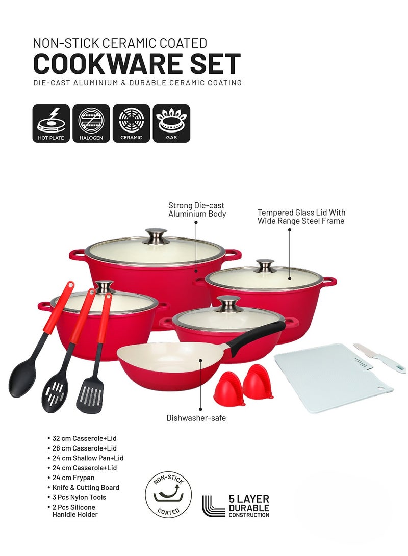 ديلكاسا طقم أواني طهي ديلكاسا 16 قطعة مطلية بالسيراميك غير لاصق DC3436 هيكل من الألومنيوم المصبوب مع طلاء 5 طبقات، قاعدة CD، مقابض باكليت وغطاء زجاجي - Image 1