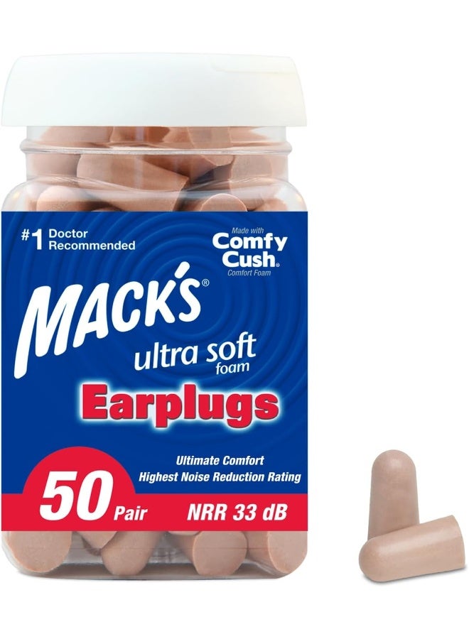 Mack's Mack's Ultra Soft Foam Earplugs, 50 Pair - 33dB Highest NRR, Comfortable Ear Plugs for Sleeping, Snoring, Travel, Concerts, Studying, Loud Noise, Work - Image 1