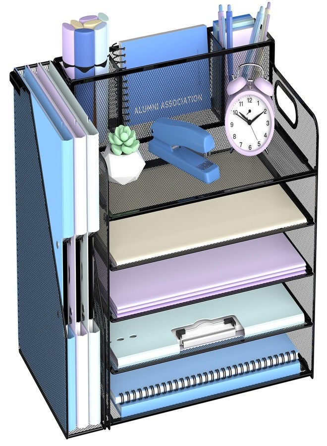 SUPEASY 5-Tier Paper Organizer for Desk with 3 Pen Holder and Magazine Holder, Paper Letter Tray Desk Organizer for Home, Office, School, Black - Image 1
