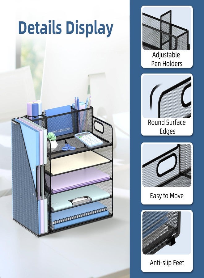SUPEASY 5-Tier Paper Organizer for Desk with 3 Pen Holder and Magazine Holder, Paper Letter Tray Desk Organizer for Home, Office, School, Black - Image 4