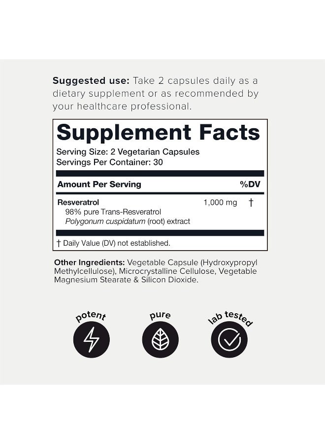 Toniiq تونياك ترانس ريسفيراترول 1000 ملغ - 98% نقي، عالي النقاء ومتوافر حيوياً - مستخلص جذور البوليجونوم - 60 كبسولة - Image 2