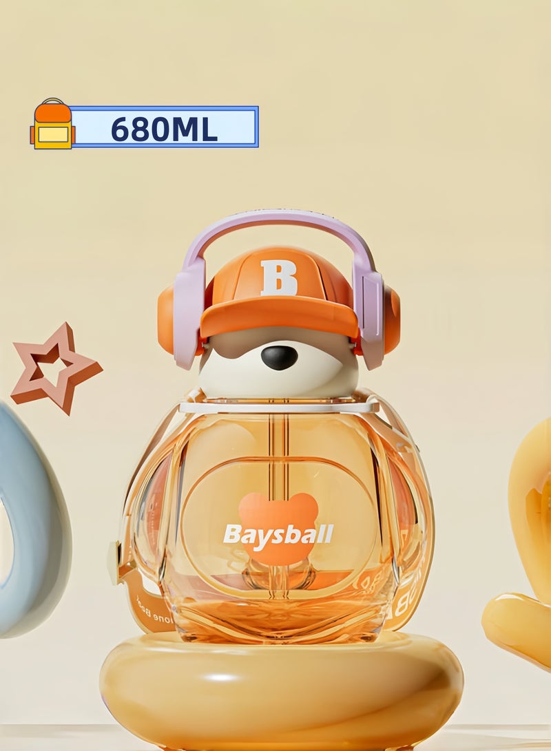 nihao New Cute Bear with Earphone Outdoor Water Cup Large Capacity Straw ,Tumbler,Children's Water Bottle ,Leak-Proof Water Bottle with Flip Top Reusable Plastic Drinking Bottle 680ML-Orange - Image 1