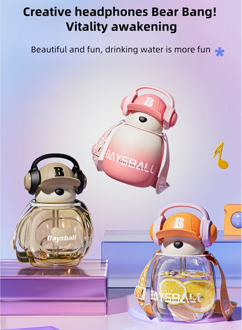 nihao New Cute Bear with Earphone Outdoor Water Cup Large Capacity Straw ,Tumbler,Children's Water Bottle ,Leak-Proof Water Bottle with Flip Top Reusable Plastic Drinking Bottle 680ML-Orange - Image 2