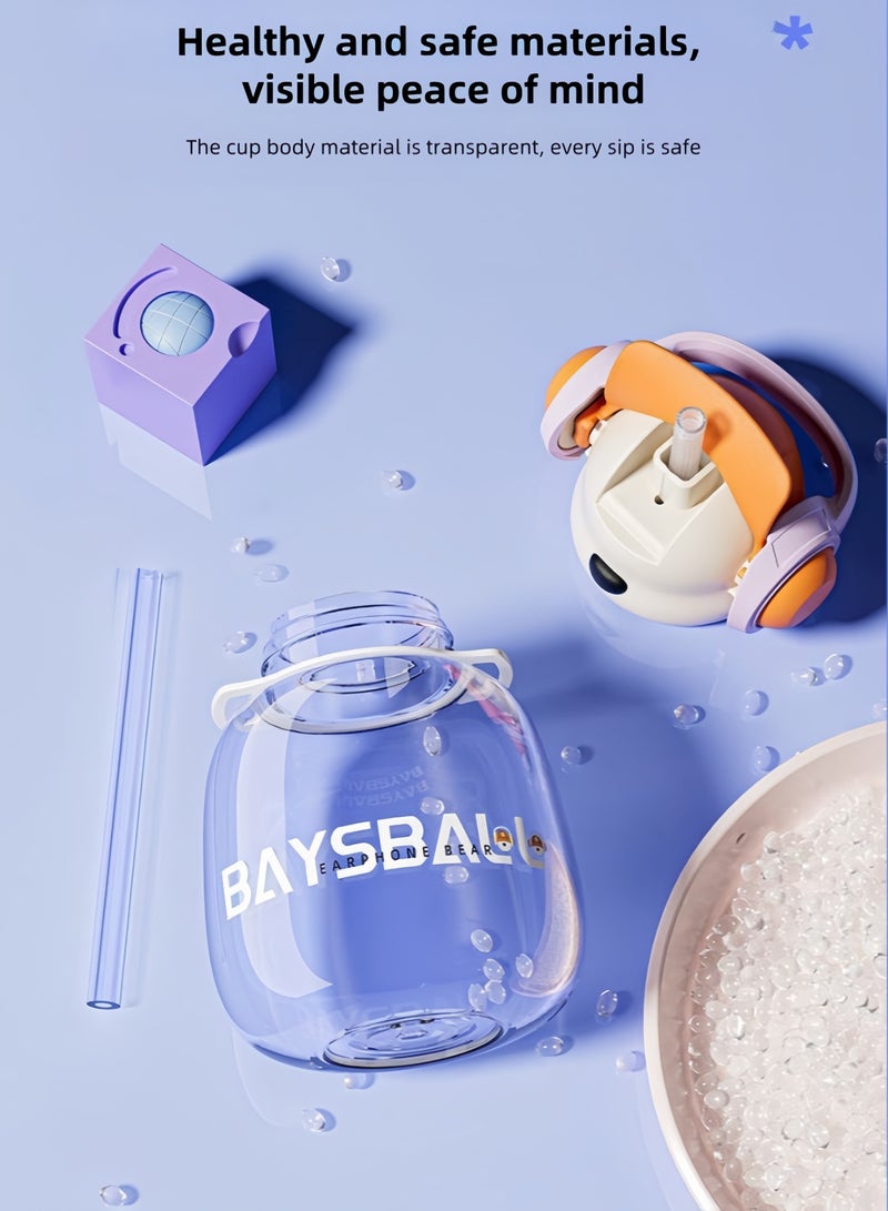 nihao New Cute Bear with Earphone Outdoor Water Cup Large Capacity Straw ,Tumbler,Children's Water Bottle ,Leak-Proof Water Bottle with Flip Top Reusable Plastic Drinking Bottle 680ML-Orange - Image 4