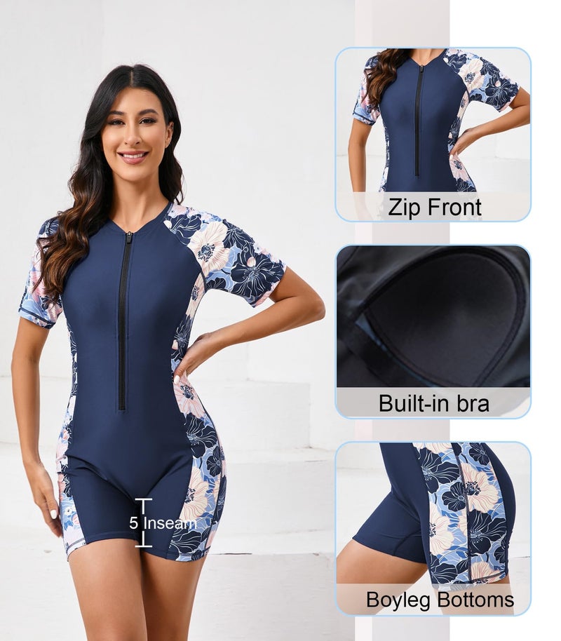 Halcurt Women's Boyleg One Piece Rash Guard with Built in Bra Zip Front UPF50+ Short Sleeve Full Body Surfing Swimsuit Navy White Blue Flowers L - Image 5