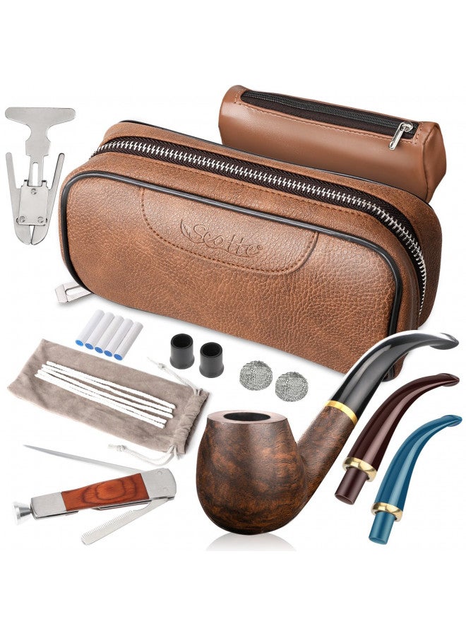Scotte Smoking Pipe, Leather Pipe Pouch Pear Wood Pipe Accessories(Scraper/Stand/Filter Element/Filter Ball/Small Bag/Box) (Brown)  - Image 1