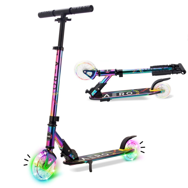 Aero Scooter for Kids 612 Metallic Chrome Finish LED Lights Boys Girls 2 Wheels Kick Scooter Foldable Height Adjustable 154lbs Max
