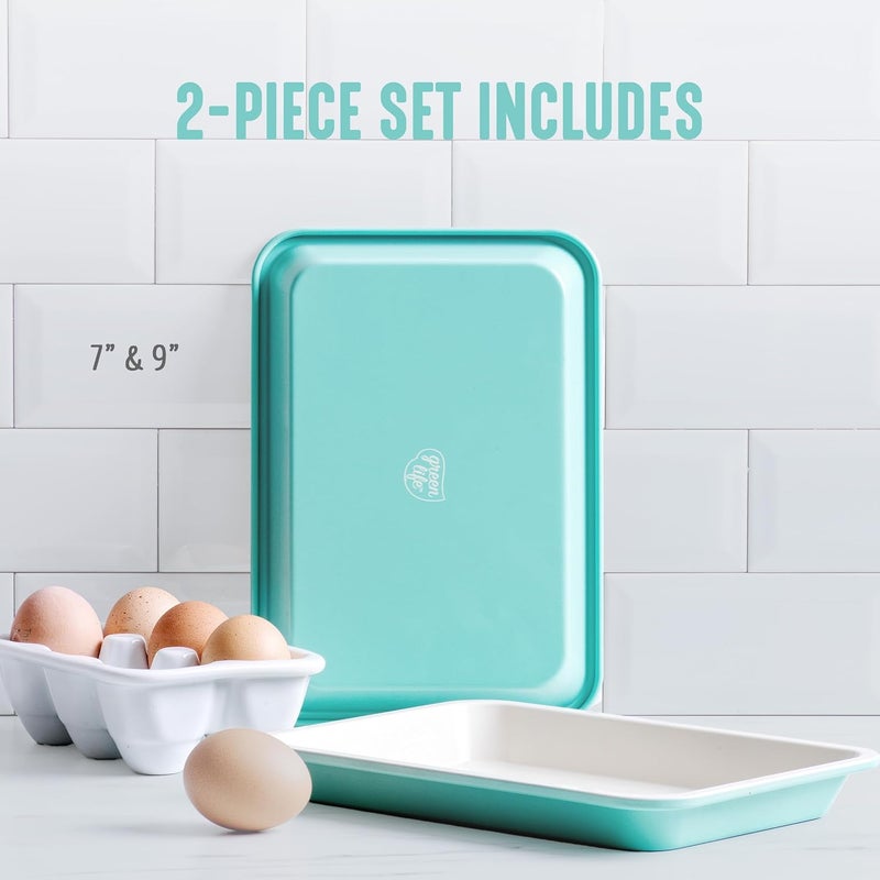 GreenLife 13" x 9" Quarter Sheet Baking Pans, 2 Piece Bakeware Set, PFAS-Free Ceramic Nonstick Rectangular Cookie Trays, Oven Safe to 450°F, Even Heating, Easy Clean Ovenware, Turquoise - Image 5