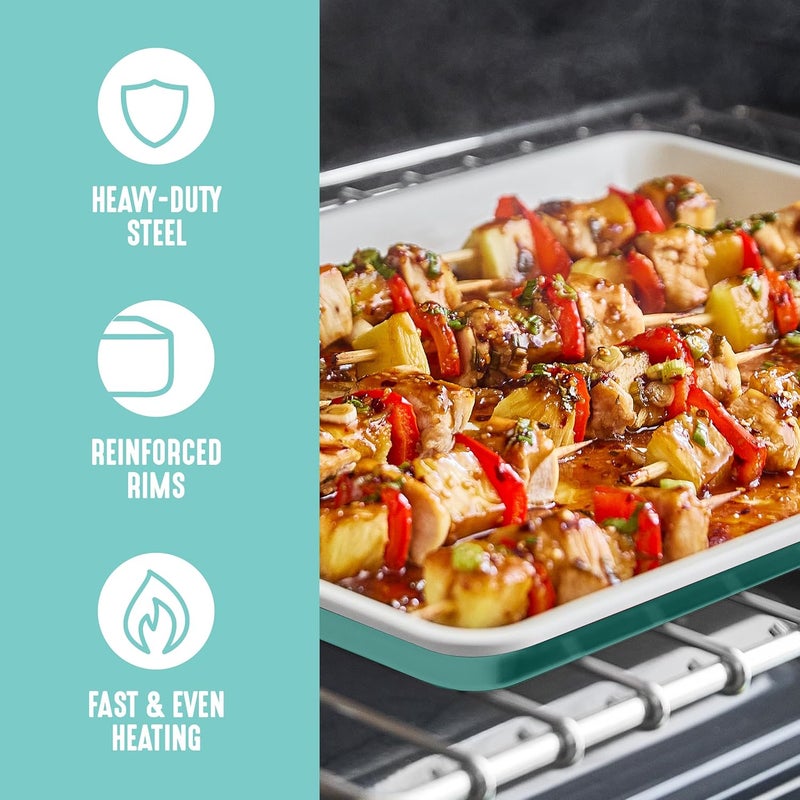 GreenLife 13" x 9" Quarter Sheet Baking Pans, 2 Piece Bakeware Set, PFAS-Free Ceramic Nonstick Rectangular Cookie Trays, Oven Safe to 450°F, Even Heating, Easy Clean Ovenware, Turquoise - Image 4