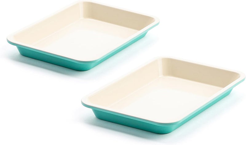 GreenLife 13" x 9" Quarter Sheet Baking Pans, 2 Piece Bakeware Set, PFAS-Free Ceramic Nonstick Rectangular Cookie Trays, Oven Safe to 450°F, Even Heating, Easy Clean Ovenware, Turquoise - Image 1