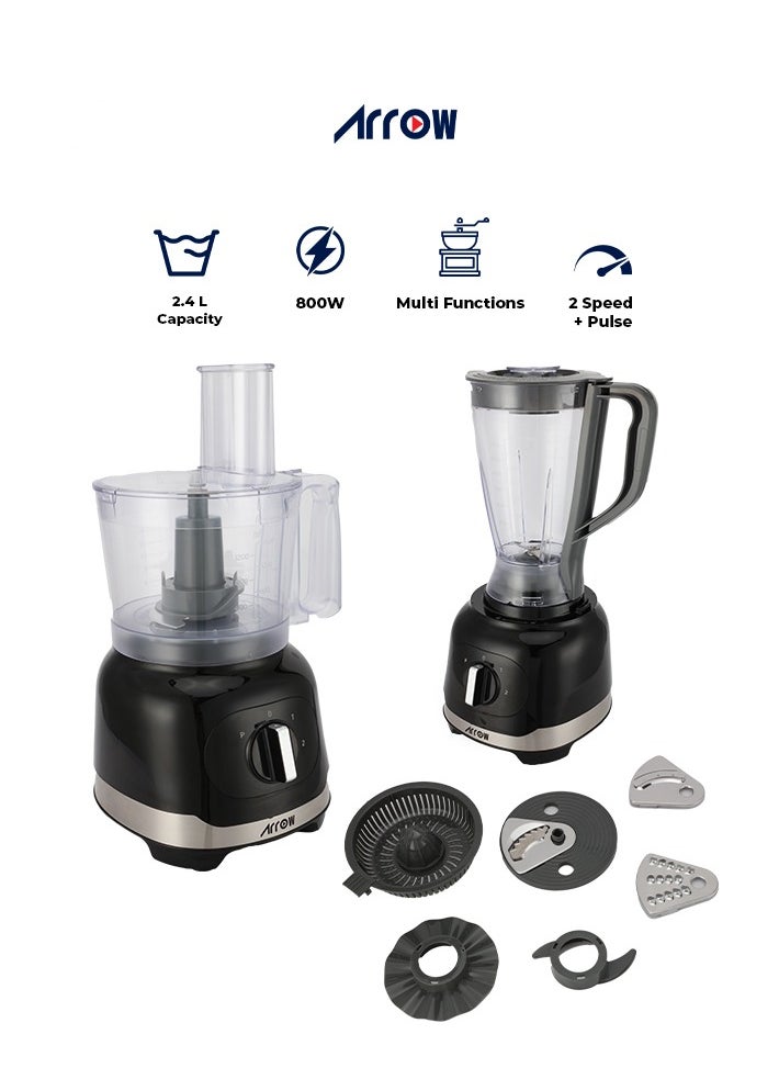 Arrow FOOD PROCESSOR 8 in 1, 2.4L, 800 Watts (Blender/Chopper/Shredder/Slicer/Dough Maker), RO-07FPD-Black + Grey 