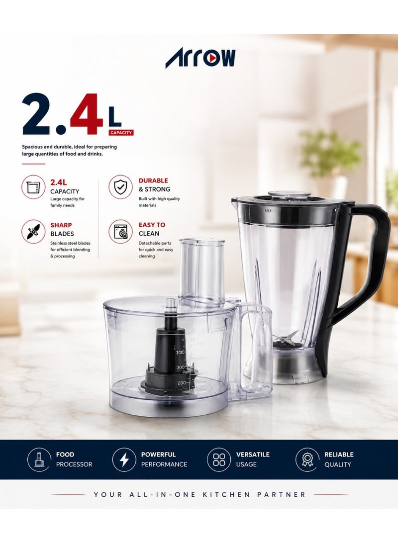 Arrow 8-in-1 Food Processor, 2.4L, 800W | Blender, Chopper, Shredder, Slicer, Dough Maker | Black & Grey Color | Versatile Kitchen Tool for Chopping, Slicing, and Kneading | Model Name: RO-07FPD - Image 2