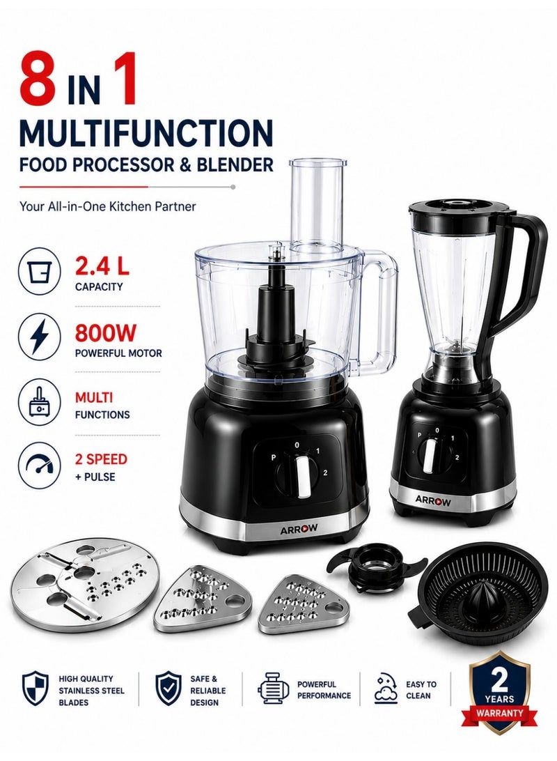 Arrow 8-in-1 Food Processor, 2.4L, 800W | Blender, Chopper, Shredder, Slicer, Dough Maker | Black & Grey Color | Versatile Kitchen Tool for Chopping, Slicing, and Kneading | Model Name: RO-07FPD - Image 1