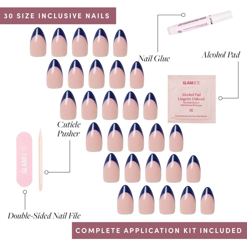 Glamnetic أظافر غلمنتيك المضغوطة - ريفيرا الفرنسية | أظافر مزيفة قصيرة على شكل لوز بلون أزرق داكن شبه شفاف مع طرف فرنسي بلمسة لامعة، جودة صالون | 15 مقاس - مجموعة 30 ظفر - Image 4