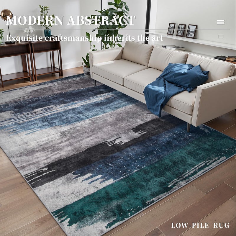 Ciicool Abstract Area Rug Indoor, 3x5 Washable Entryway Rug, Modern Soft Throw Rug with Non-Slip Backing Ideal for Bedroom Living Room Entrance Kitchen, Low-Pile Floor Carpet Doormat Blue Grey - Image 2