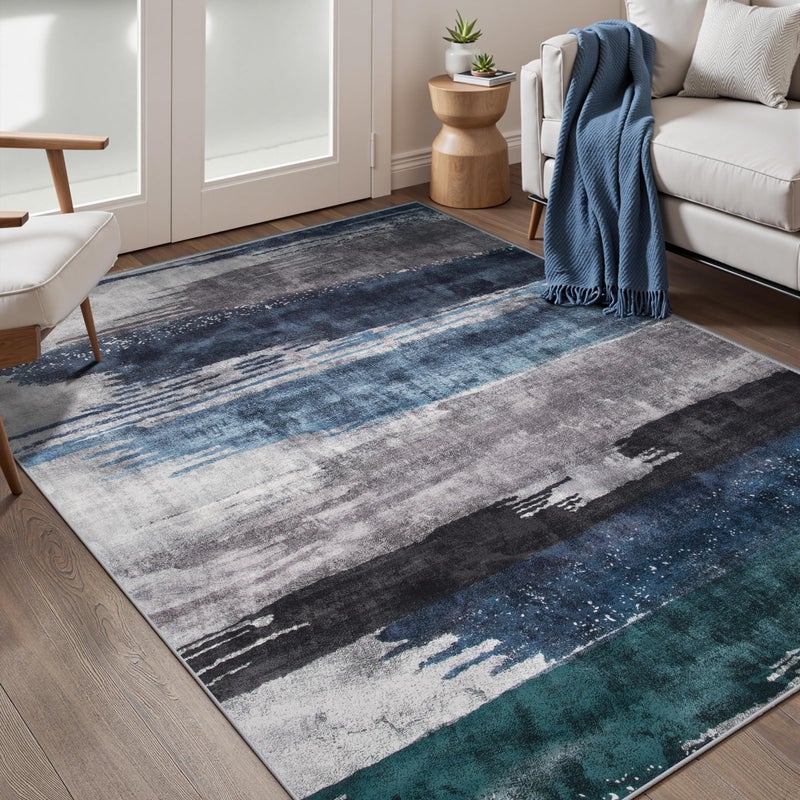 Ciicool Abstract Area Rug Indoor, 3x5 Washable Entryway Rug, Modern Soft Throw Rug with Non-Slip Backing Ideal for Bedroom Living Room Entrance Kitchen, Low-Pile Floor Carpet Doormat Blue Grey - Image 1
