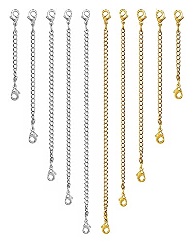 OHINGLT Necklace Extender 10Pcs Chain Extenders for Necklaces Bracelet 14K Gold and Silver Plated Stainless Steel Extension Chain for Women Jewelry Making