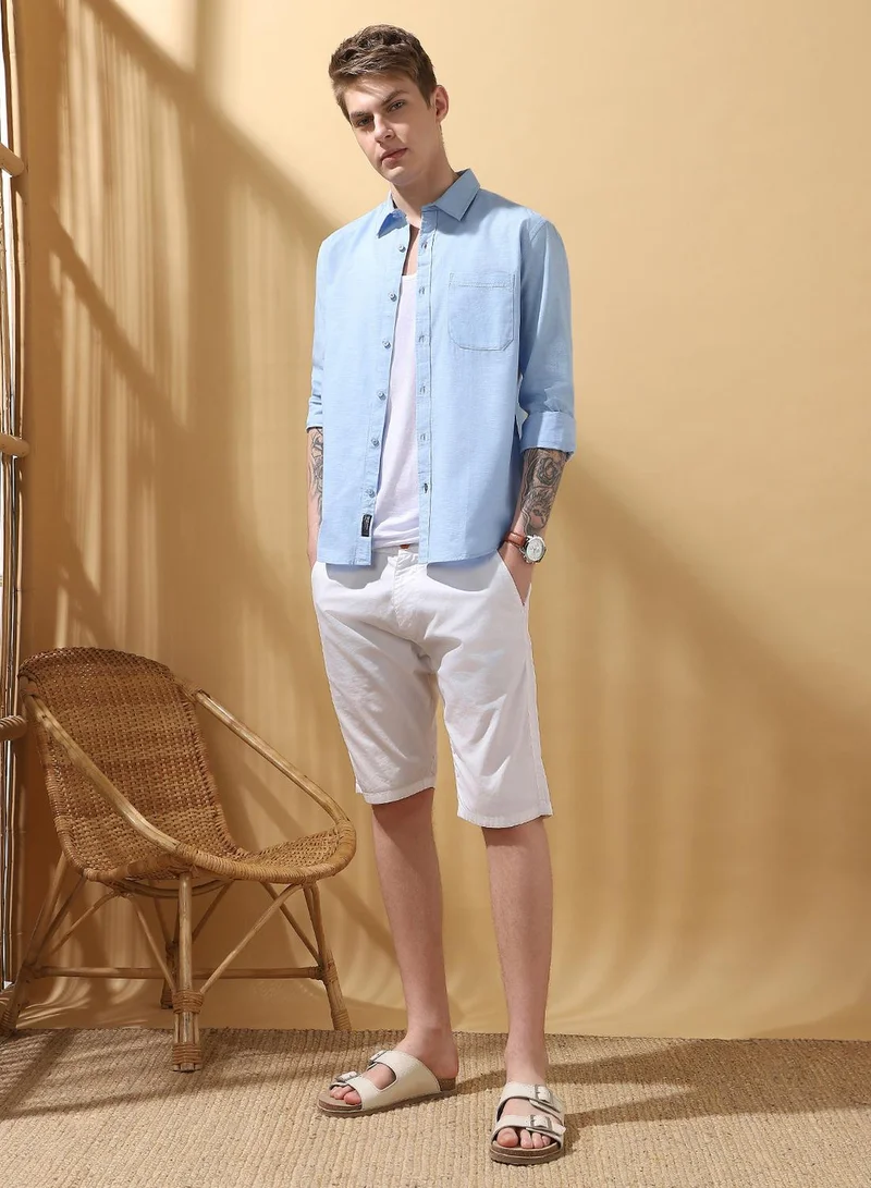 Dennis Lingo Men's Light Blue 100% Cotton Textured Button Down Regular FiT-Shirt