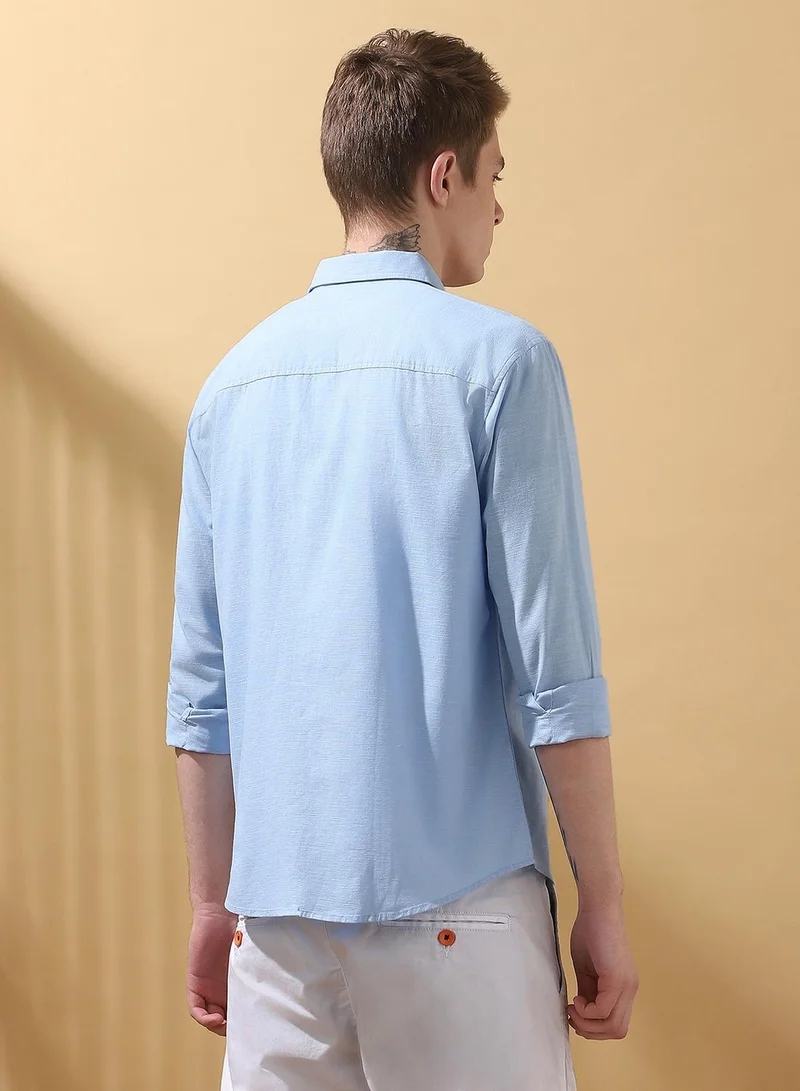 Dennis Lingo Men's Light Blue 100% Cotton Textured Button Down Regular FiT-Shirt