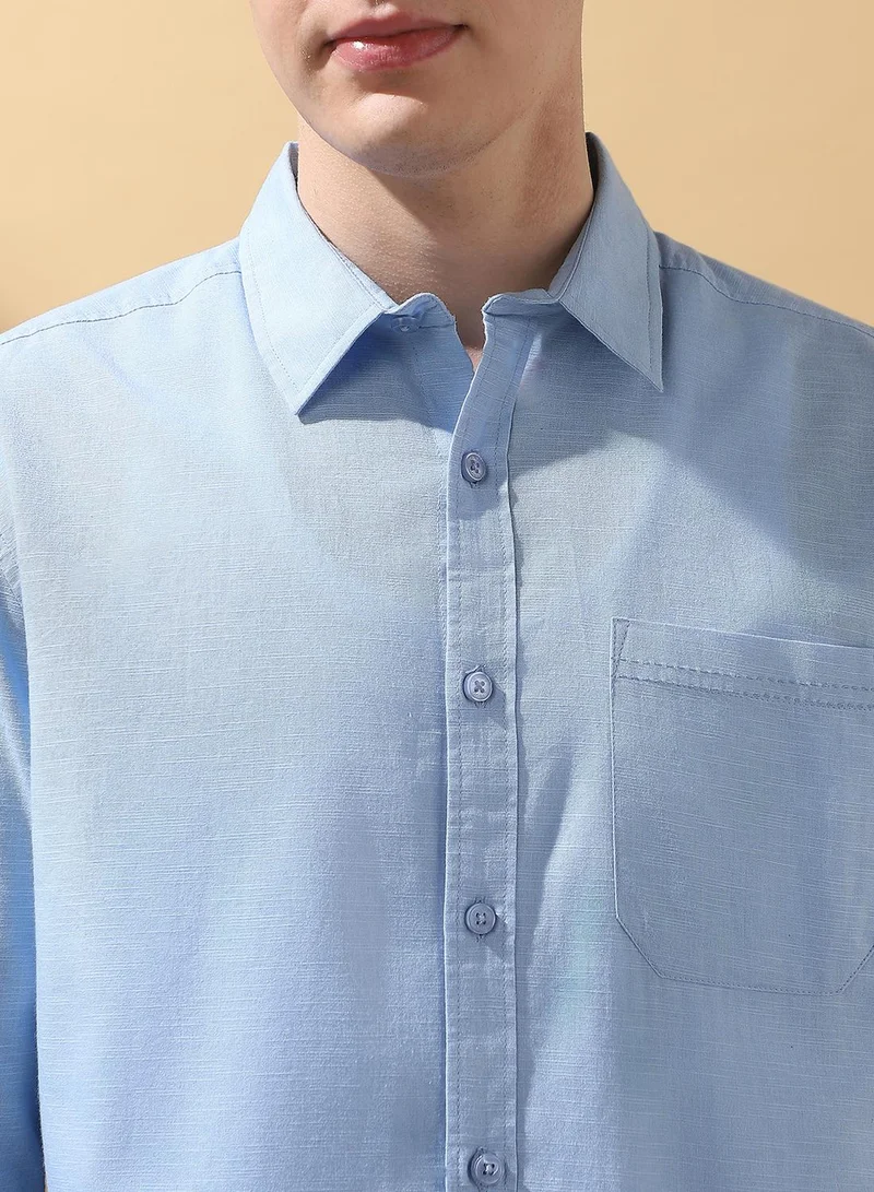 Dennis Lingo Men's Light Blue 100% Cotton Textured Button Down Regular FiT-Shirt