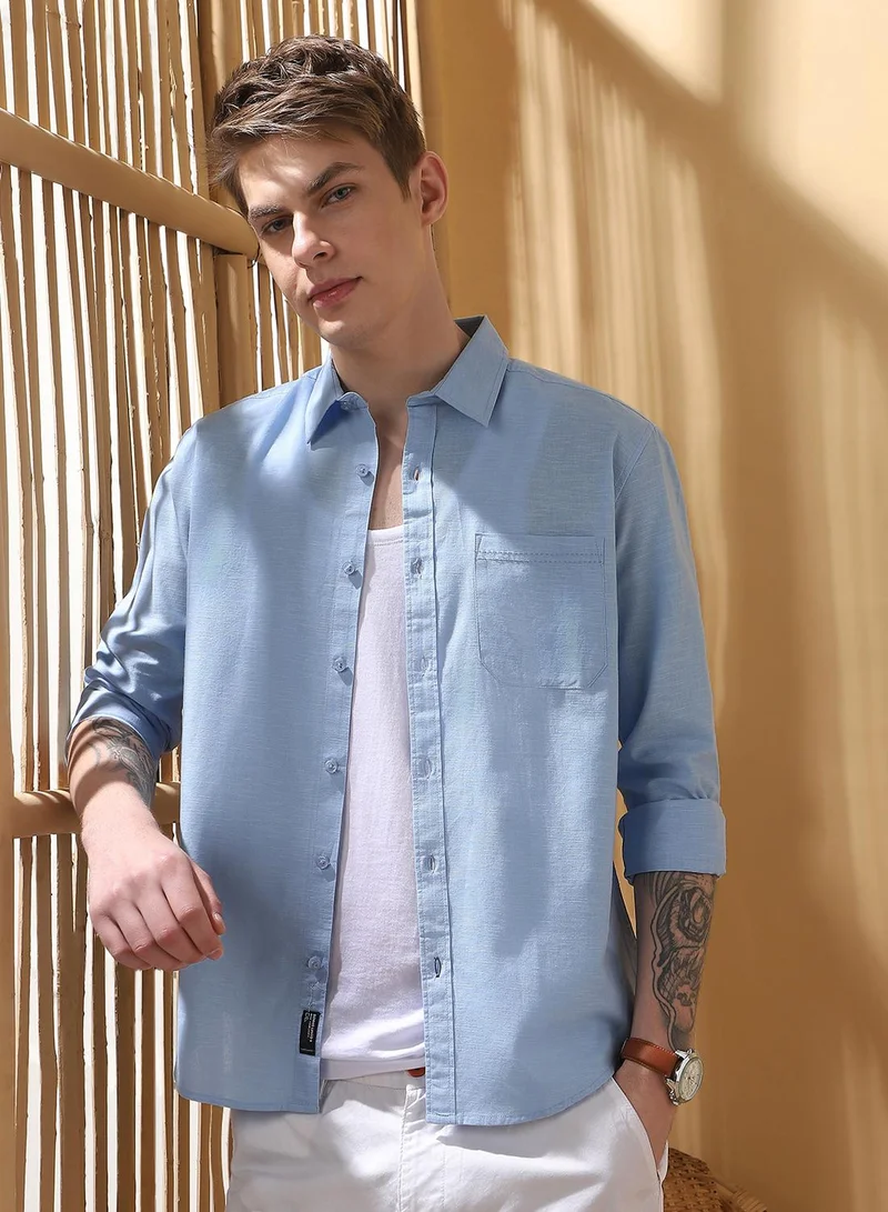 Dennis Lingo Men's Light Blue 100% Cotton Textured Button Down Regular FiT-Shirt