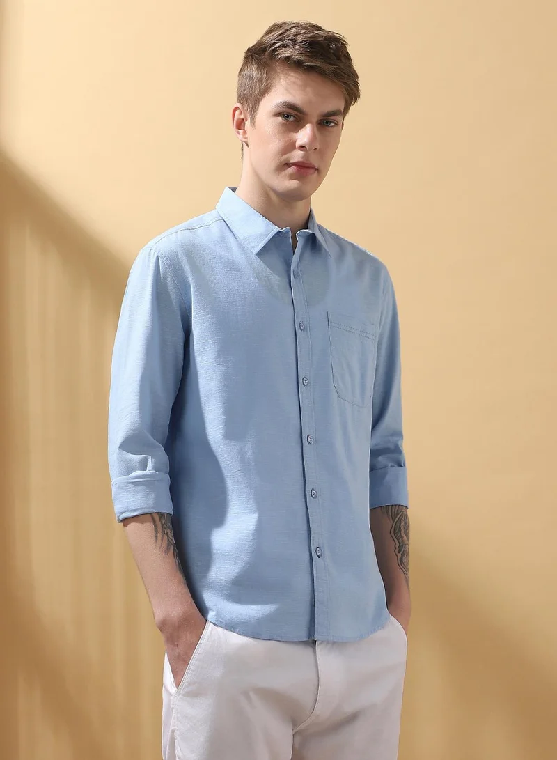 Dennis Lingo Men's Light Blue 100% Cotton Textured Button Down Regular FiT-Shirt